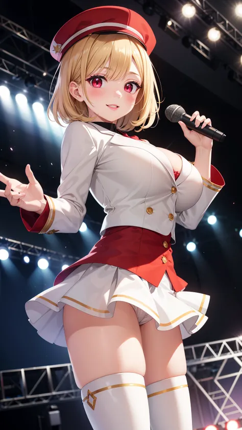 masterpiece, ultra-detailed, illustration, game cg, best quality, highres, kitagawa marin, 1girl, short fluffy blonde hair, swept bangs, gradient hair, red eyes, glossy lips, light smile, blush, large breasts, hat, red puffy miniskirt, white blazer, red th...