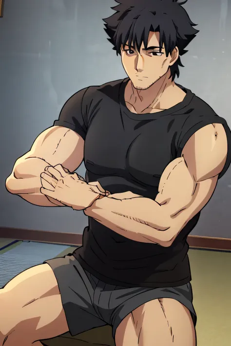 Kiritsugu is sitting and flexing his biceps and abs. He wears black short boxershorts. You can see his thighs. He is admiring his muscles. He has bulging veins on his arms. He wears a black tshirt with short sleeves. His right sleeve is completely rolled u...