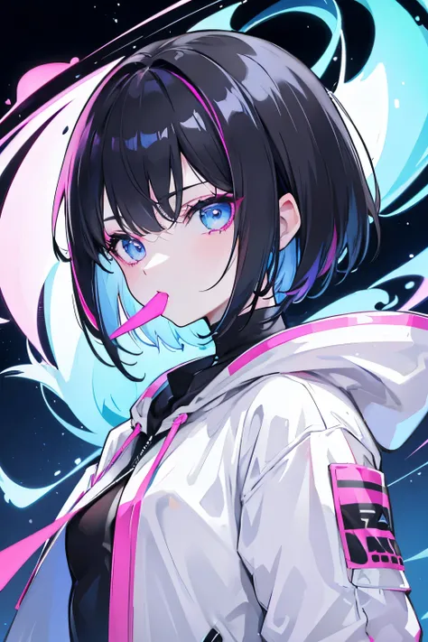 White skin, droid, neon eyes, black hair, short hair, sky blue and fuchsia eyes with a black background, chewing chili, hair with pink and sky blue highlights, jacket, top, hoodie