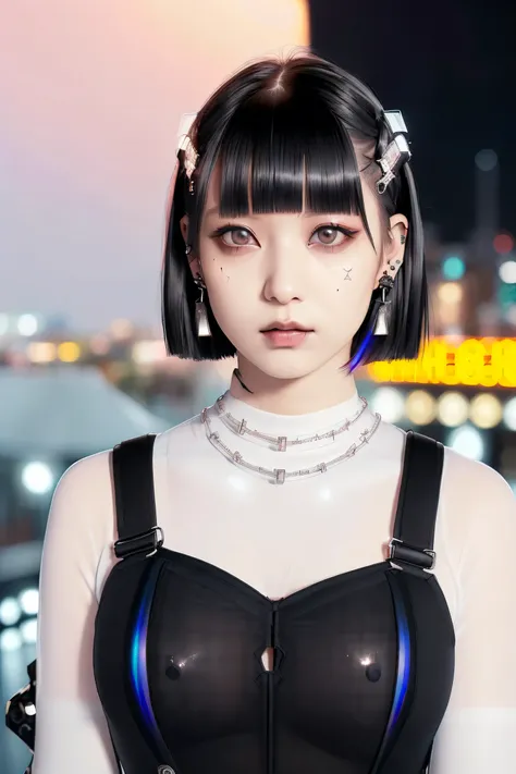 ((Rooftop of a building: 1,3)), ((Redhead, Goth_punk, alone, Medium Shot, Walking around Harajuku, ((night)), Blur, Neon Light, Rainbow Eyes, Starry Sky, Shiny red hair, White eyebrows, Shiny Hair, (Rainbow black hair), Earrings, good, jewelry, Blunt bangs...