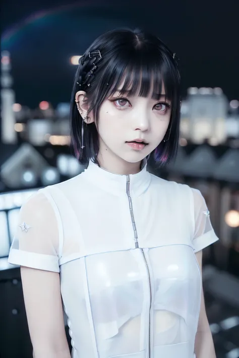 ((Rooftop of a building: 1,3)), ((Redhead, Goth_punk, alone, Medium Shot, Walking around Harajuku, ((night)), Blur, Neon Light, Rainbow Eyes, Starry Sky, Shiny red hair, White eyebrows, Shiny Hair, (Rainbow black hair), Earrings, good, jewelry, Blunt bangs...