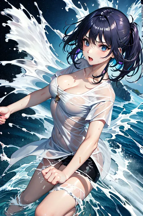 masterpiece, highest quality, (Dynamic pose:0.5), Absurd, One girl, Fighting Pose, Punch Water, (Water shock wave:1.5) Wet clothes, Wet Hair, Wet Face, Waters, Multicolored Hair, (Wind:1.4)