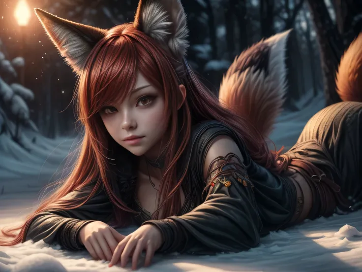 (Best quality, 8K, masterpiece, HDR, soft lighting, picture perfect, realistic, vibrant), foxgirl with red hair and little fox lying on the snow, kitsune, beautiful fox, nobushi fox, beautiful female kitsune, digital anime illustration, beautiful illustrat...