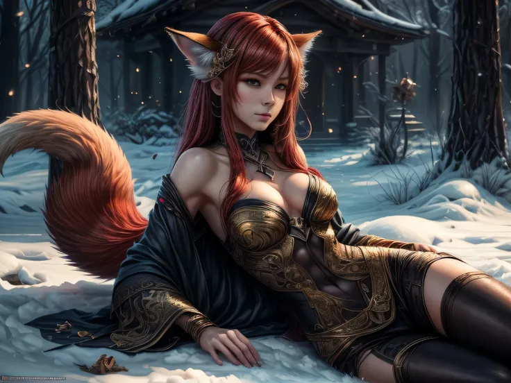 (Best quality, 8K, masterpiece, HDR, soft lighting, picture perfect, realistic, vibrant), foxgirl with red hair and little fox lying on the snow, kitsune, beautiful fox, nobushi fox, beautiful female kitsune, digital anime illustration, beautiful illustrat...