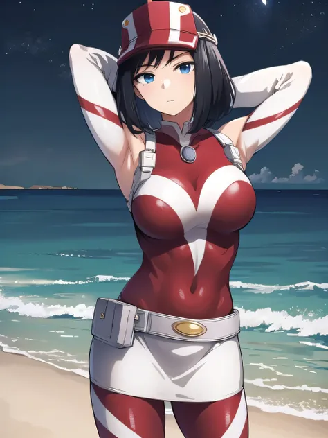 kodaiyui, visor cap, red and white bodysuit, long sleeves, belt, white skirt, looking at viewer, emotionless, showing armpit, lo...