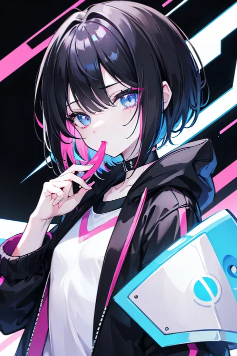 White skin, droid, neon eyes, black hair, short hair, sky blue and fuchsia eyes with a black background, chewing chili, hair with pink and sky blue highlights, jacket, top, hoodie