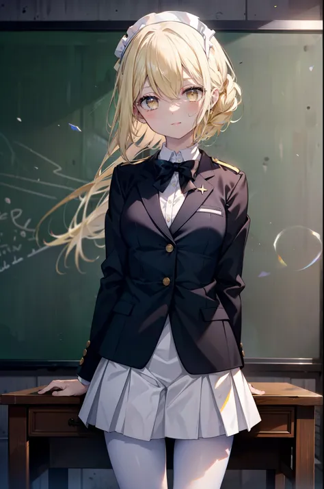 Izvalenstein, Eyes Wallenstein, Blonde Hair, Hair between the eyes, White headband, Long Hair, (Yellow Eyes:1.5), Side Lock,smile,blush,, uniform, blazer, shirt, white shirt, collared shirt, skirt, pleated skirt,Black Pantyhose,Brown Loafers,There is an op...