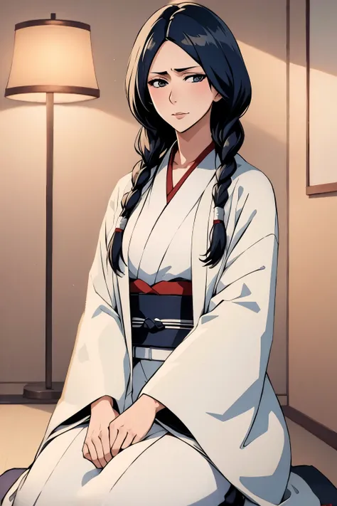 masterpiece, best quality, unohana retsu, braided hair,white coat, black kimono, indoors, sitting, looking at viewer,