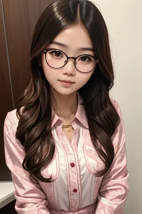 detailed face of photo. 20 year old white skin slim body Indonesian girl with a sweet  face,   round face chubby face and long brown wavy hair, round glasses wearing long Sleeve pink formal shirt with batik patter tying hair