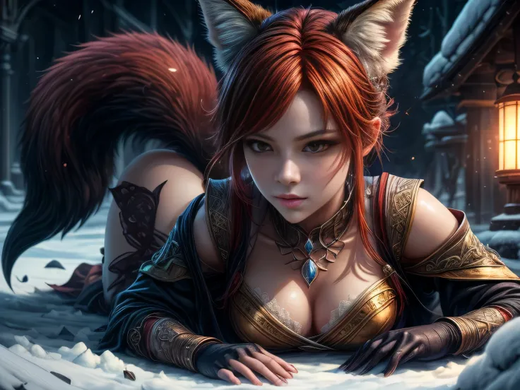 (Best quality, 8K, masterpiece, HDR, soft lighting, picture perfect, realistic, vibrant), foxgirl with red hair and little fox lying on the snow, kitsune, beautiful fox, nobushi fox, beautiful female kitsune, digital anime illustration, beautiful illustrat...