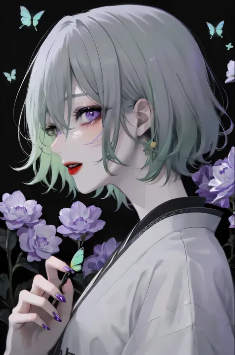 one girl,alone,flower,short hair light green hair、purple eyes,view viewer,long nails,black background,butterfly々is flying、holdin...