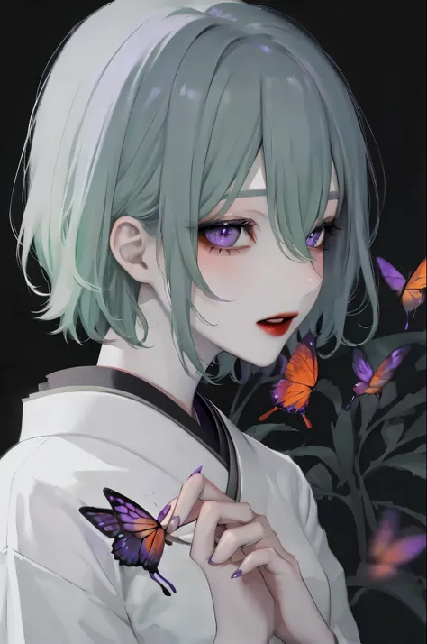 One girl,alone,flower,Short hair light green hair、Purple Eyes,View Viewer,Long nails,Black background,butterfly々is flying、Holding hair,Lips parted,Holding,bangs,Upper Body,Manicure,Grey Hair,White shirt,Hair between the eyes,Simple Background,Gray nails,Gr...