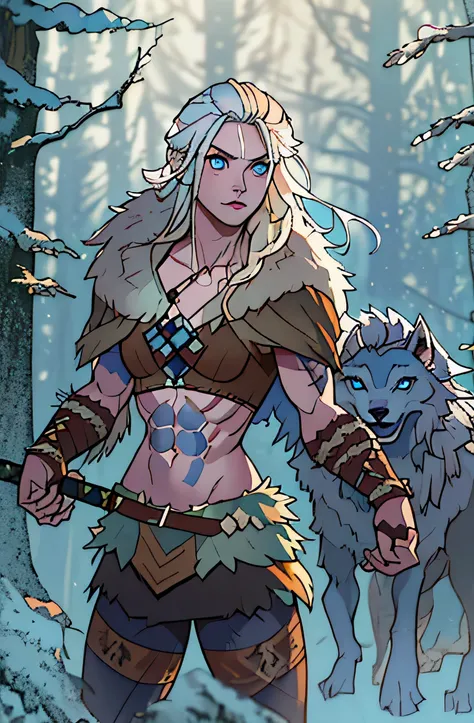 Female viking, (young:1.2), (muscular:1.2), fit, wearing brown furs and hides, blue norse tattoos, blue eyes, platinum blonde hair. Setting is a Scandinavian forest in winter, bare arms, exposed naval, (abs:1.2). Highly detailed, norse, berserker, arm musc...