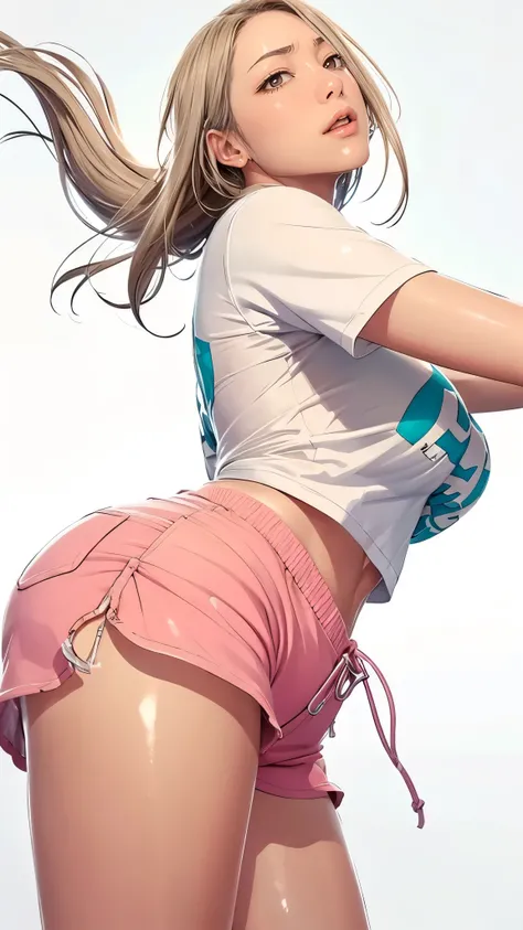 (((完美figure,figure,solo, White and tender skin,(((Cyberpunk,short sleeves, dolphin shorts, t-shirt, pink shorts, white shirt, , ))),(((MiaChadef, long hair, blonde hair, brown eyes,,))),((masterpiece)),high resolution, ((Best quality at best)),masterpiece...