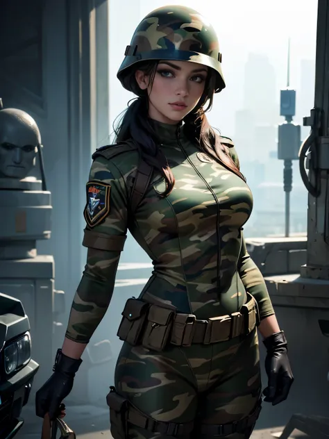 a stunningly beautiful woman in a camouflage swimsuit-like combat uniform、equipment、helmet、very detailedな顔の特徴、detailed eyes and ...