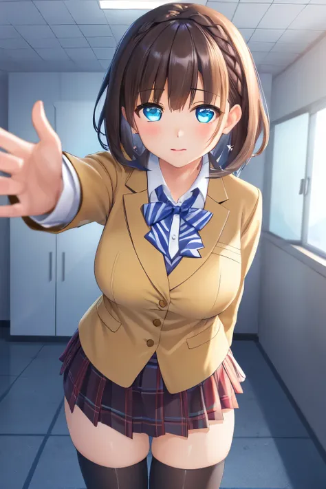 masterpiece, best quality, highres, kabedon pov, looking at viewer, 1girl, natural lighting, masterpiece, highly detailed, illustration, game CG, absurdres, high quality, aichan, large breasts, blue eyes, beautiful detailed eyes, short brown hair, side br...