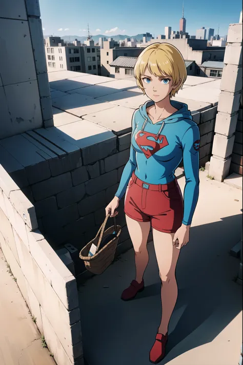 Beauty，Medium chest，Superhero Suit，Without a hood，Shorts，Ruined city，Blonde short hair，Building rooftop，Facing the camera