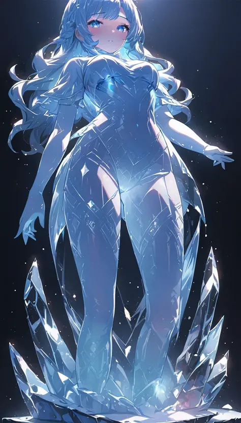 (a statue of a girl carved from ice, the body is completely transparent:1.6), (glowing fluorescent effect), sexy Korean idol face, wavy hair, from below, (upper thighs shot),