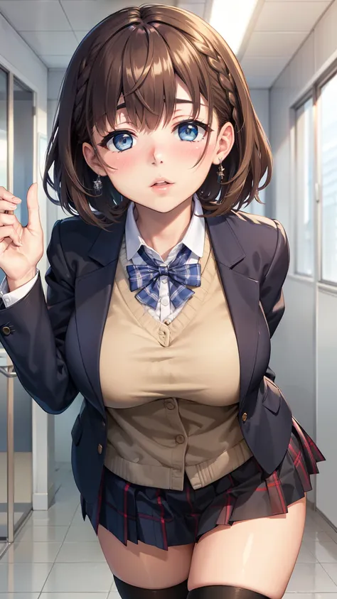 Imminent kiss, kiss pov, 1girl, natural lighting, masterpiece, highly detailed, illustration, game CG, absurdres, high quality, aichan, large breasts, blue eyes, beautiful detailed eyes, short brown hair, side braid, school, blazer, plaid miniskirt, thigh ...