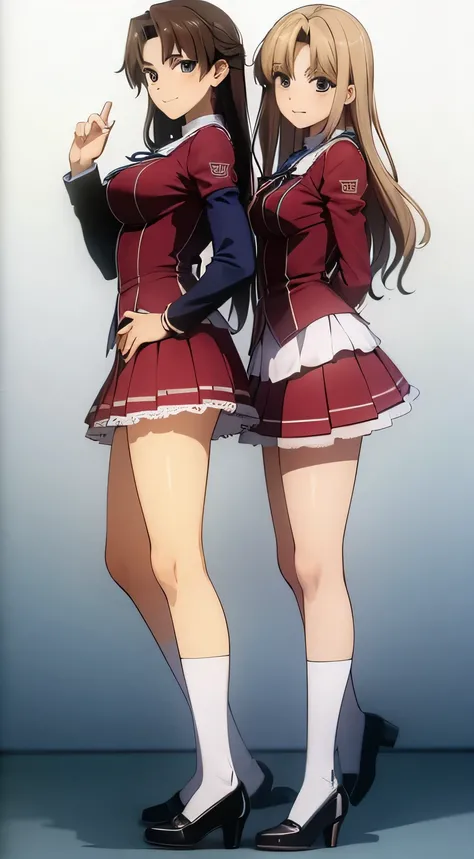 masterpiece, high quality, 2 girls, Duet, Identical twins, Same sisters, brown hair, curls, Match hairstyle, Hazel eyes, Medium bust, (Uniforms, Sexy , Casual suits, Lace part, Ribbon, Rainbow skirt, White stockings, Black low-heeled shoes, Matching Clothi...