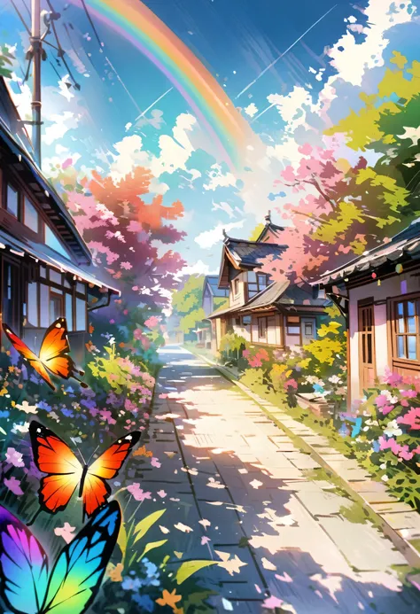 A rainbow-coloured butterfly flies through the front yard, Very detailed, 4K Real