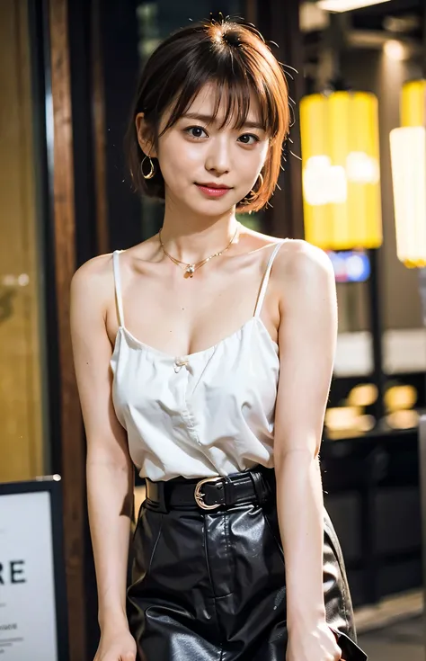 Night cityscape、Curly hair、Twisting the skirt with both hands、Tie your hair、Walking around Ginza at night、Colorful illuminations、Fluttering Hair、Thin silver choker。((Neon city at night、Light brown hair:1.4))、Check skirt、Sleeveless、Outdoor shots、Cute clothe...