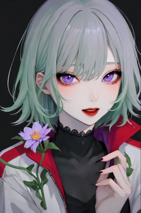 One girl,alone,flower,Short hair light green hair、Sauvage、Purple Eyes,View Viewer,Long nails,Black background,、flower舞う、Holding hair,Lips parted,Holding,bangs,Upper Body,Manicure,Grey Hair,white ,Hair between the eyes,Simple Background,ct style,Beautiful E...