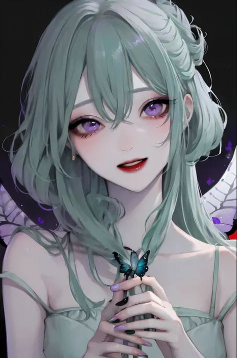 One girl,alone,flower,Updo、Evening updo、Pale green hair、Purple Eyes,View Viewer,Long nails,Black background,butterfly々is flying、Holding hair,Lips parted,Holding,bangs,whole body、Bundle、Grey Hair,white 赤いdress、Hair between the eyes,Simple Background,Gray na...