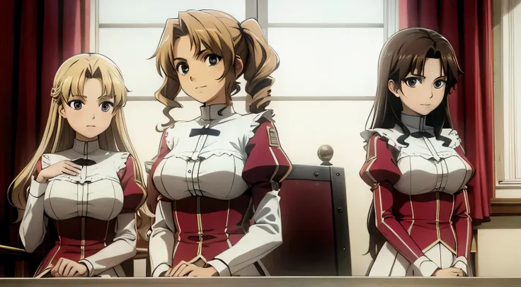 masterpiece, high quality, 2 girls, , Same sisters, Blonde Hair, curls, (brown haired sisters, Blonde sisters, Match hairstyle, different hair colors), Hazel eyes, Large chest circumference, ((Matching Clothing, Uniforms)), Smile, Same height, group pose...