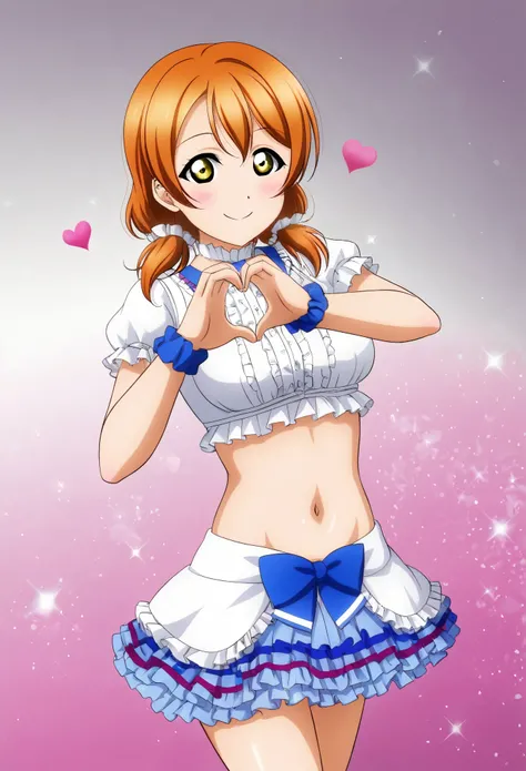 Masterpiece, best quality,Hoshizora rin,cowboy shot,solo ,yellow eyes, short hair, orange hair, solo, breasts, looking_at_viewer, blush, smile, bangs, skirt, brown_hair, hair_ornament, white_background, bow, navel, twintails, jewelry, flower, heart, frills...