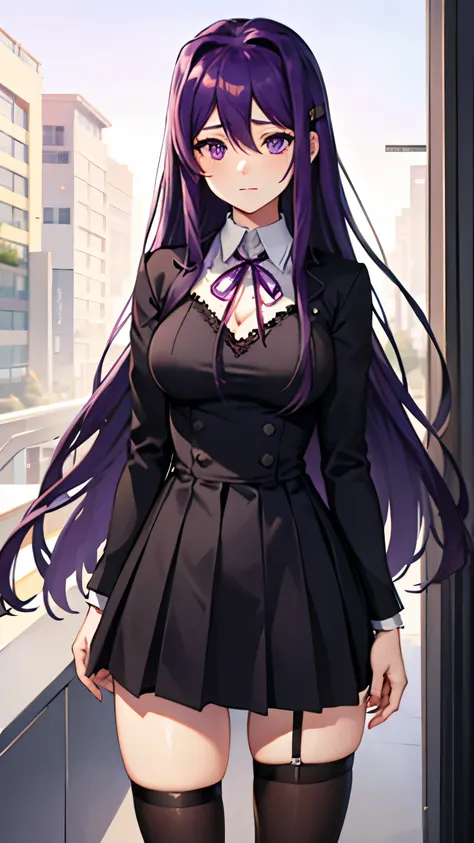 looking at viewer, half body, yuri ddlc, , purple hair, purple eyes, shy, amazing, beautiful, black dress, legs with tights