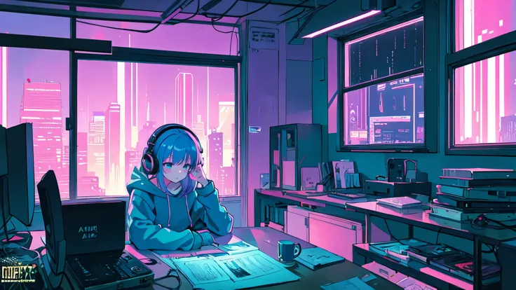 ultra wide angle (staynight), girl studying in her room, reading a book, wear headphones, , night lights, neon landscape on a ra...