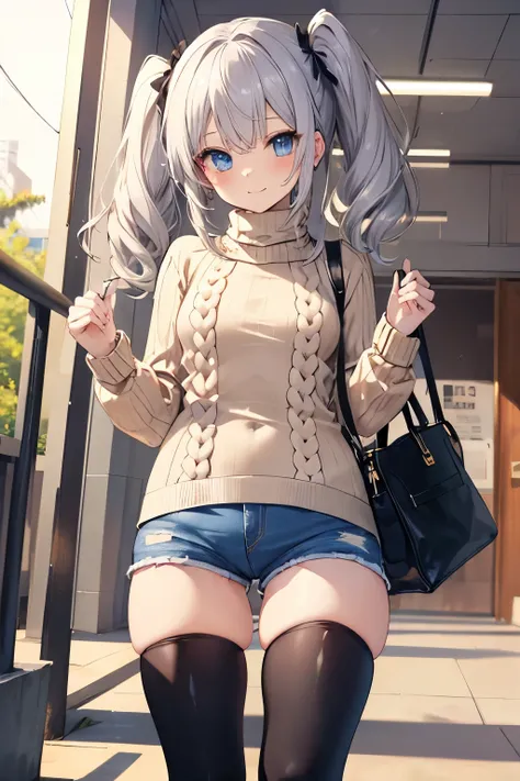 Silver Hair、Blue Eyes、girl、Small breasts、Twin tails、girl、Small breasts、Lolita、Bright smile、Looks about 15 years old、Petan Musume、short、目のhighlight、Sexy thighs、(Long knit sweater with beige high neck:1.4), ,(Blue jeans fabric shorts),(Black boots)、(Small Bl...