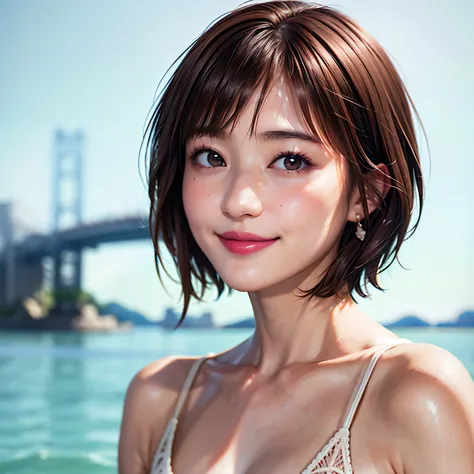 235 20-year-old female, short hair, Summer travel magazine, A kind smile, lipstick, Photo quality, Ultra-realistic