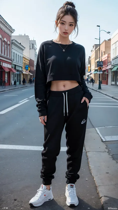 (best quality, masterpiece, photo realistic, very detailed, ultra high resolution, raw:1.3), 1 woman, korean, ), sweater , Jogger pants, jumper, (sneaker, beautiful bridge, whole body:1.2), main street, from below, Sportswear,