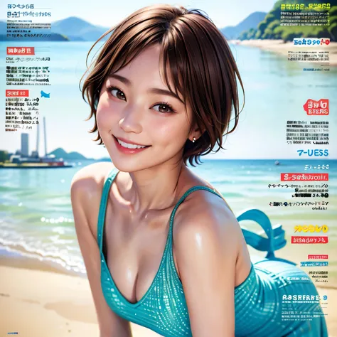 235 20-year-old female, short hair, Summer travel magazine, A kind smile, lipstick, Photo quality, Ultra-realistic