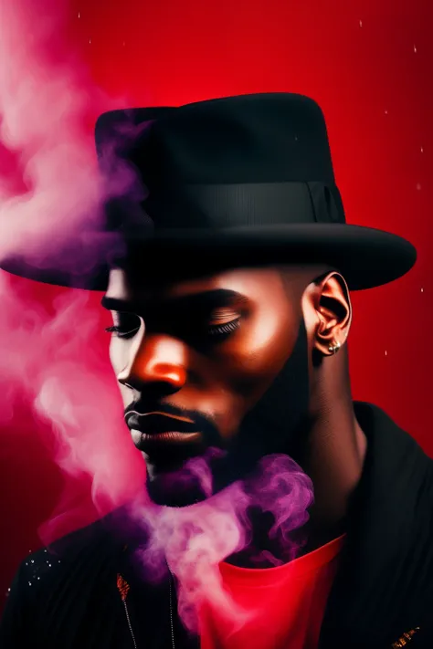 A mesmerizing close-up shot of a black man dressed in all black, with a brimmed hat covering half of his face, revealing only the mouth and nose. The hat is pulled down low, casting an enigmatic aura as a single spotlight illuminates him in the midst of po...