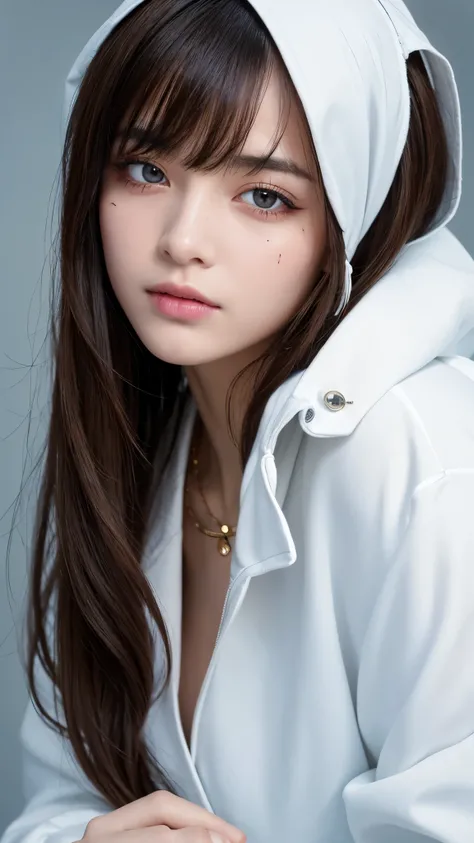 masterpiece, High resolution, screenshot, highest quality, One girl, (Scar on left eye), White cropped jacket, Very detailed, Three-part method, jewelry, Long Hair, bangs, Hair between the eyes