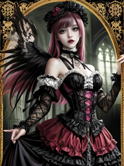 the female figure, dons an intricate visual kei gothic lolita ensemble,gothic makeup, a striking blend of elegance and rebellion...