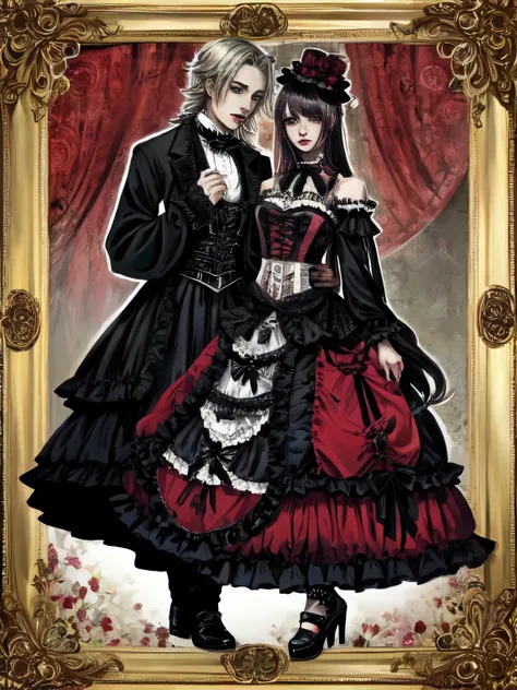 The female figure, dons an intricate visual kei gothic lolita ensemble,gothic makeup, a striking blend of elegance and rebellion. His outfit features a decadent mix of lace, corsets, and elaborate accessories, A Victorian-inspired top hat crowns his head, ...