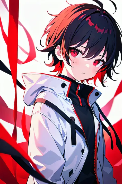 [( Cenematic BACKGROUND:1.5),::5], ((((masterpiece)))), high quality, ultra_very_high_resolution, large_filesize, full color, (((solo))), ((little boy)), (((White short hair))), red eyes, anime, upper body, red light, black parka,