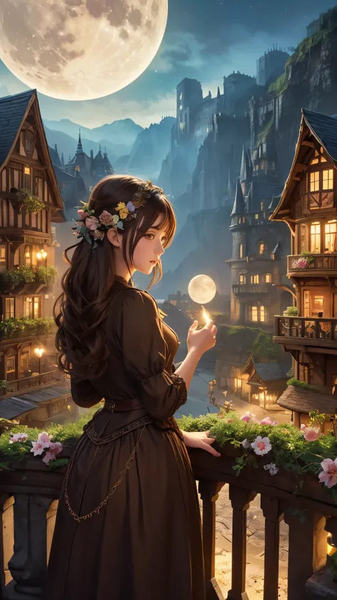 (masterpiece),(highest quality), figure, (Fantasy:1.4), witch, cute detailed digital art, Beautiful Face, Brown Hair, Put your hair up, city, Mountain, Dark colored long dress, moon, Flowers , paper_cut