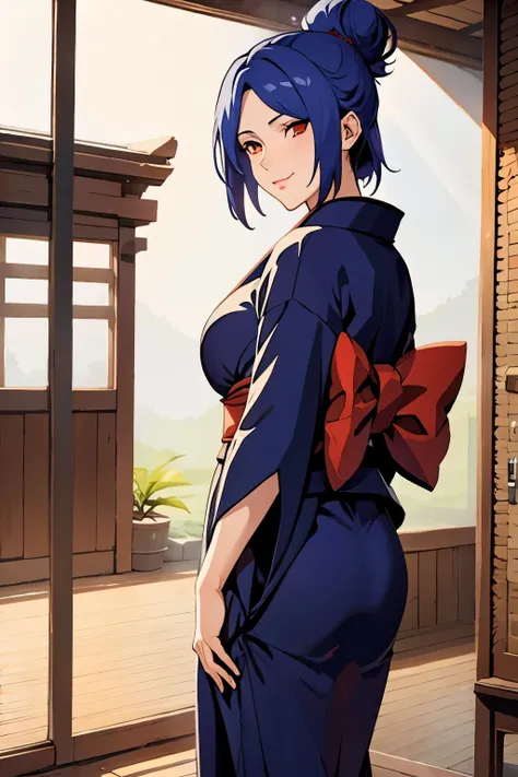 (masterpiece, best quality:1.2), konan, navy  kimono, standing,