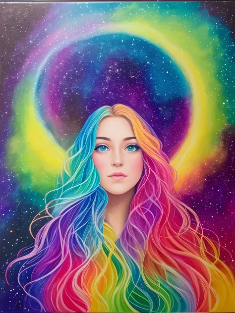 a painting of a colorful sky with stars and a lake, ✏️🎨, rainbow aurora, infused with aurora borealis, detailed acrylic painting, astral aurora, jen bartel, acrylic paint on canvas, beautiful aesthetic art, with aurora borealis in the sky, “ femme on a gal...