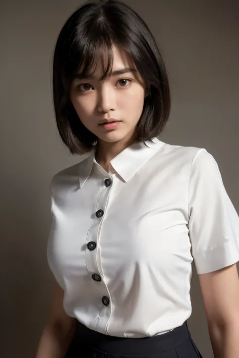 ((best quality)), (perfect face), (Japanese, Perfect beauty), photograph, Beautiful Face, 16 years old, tall, (Extremely realistic skin texture:1.4), (Realistic:1.3), (smile:0.6), (Realistic:1.3), High resolution, short hair, bangs, (Black Hair 0.8), (Shor...