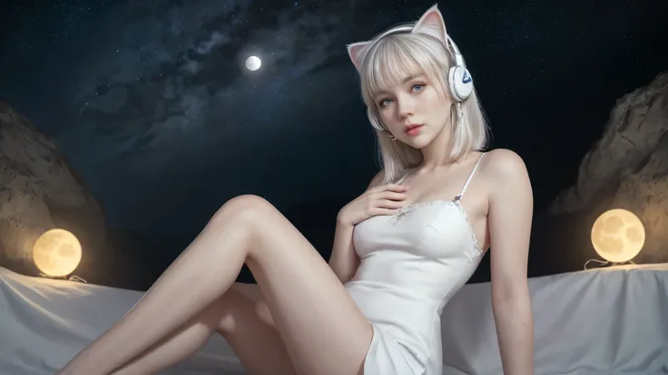 woman sitting watching the moon, white cat next to her, starry sky, realistic, 4k, short dress, kitten headphones, detailed lighting