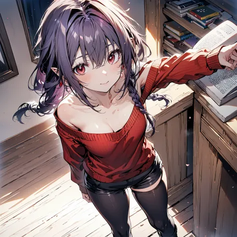 yuukikonno, Konno Yuuki, hair band, Long Hair, Pointed Ears, Purple Hair, (Red eyes:1.5), (Small breasts:1.2), Close your mouth,smile、,Long braids,Black-rimmed glasses,Oversized one-shoulder sweater,Shorts,short boots,Holding a book in both arms,
break loo...