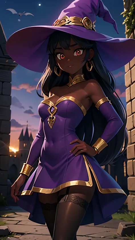 shaded face, purple clothes, strapless dress, tulle skirt, gold accessories, gold decoration, black tights, gold thigh garter, lustrous dark skin, glowing purple eyes, iridescent witch hat, castle ruins