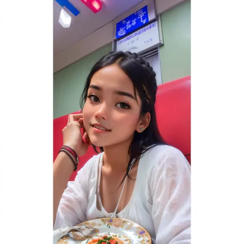 there is a woman sitting at a table with a plate of food, with lovely look, with accurate face, candid picture, cute beautiful, young and cute girl, taken with the best dlsr camera, candid photograph, she is about 1 6 years old, candid photo, photo taken i...