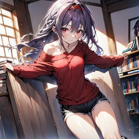 yuukikonno, Konno Yuuki, hair band, Long Hair, Pointed Ears, Purple Hair, (Red eyes:1.5), (Small breasts:1.2), Close your mouth,smile、,Long braids,Black-rimmed glasses,Oversized one-shoulder sweater,Shorts,short boots,Holding a book in both arms,
break loo...